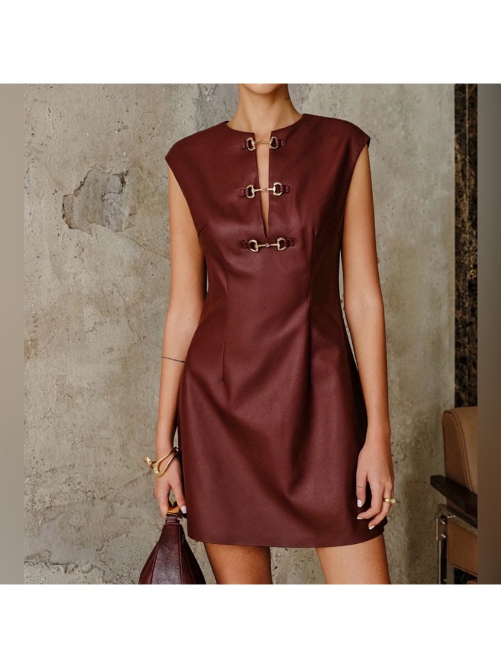 Commence Faux Leather Dress Nwt Medium Zipper Back Gold Deco Front Burgundy
